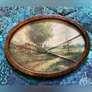 antique miniature cottage landscape print, old grain painted tin frame